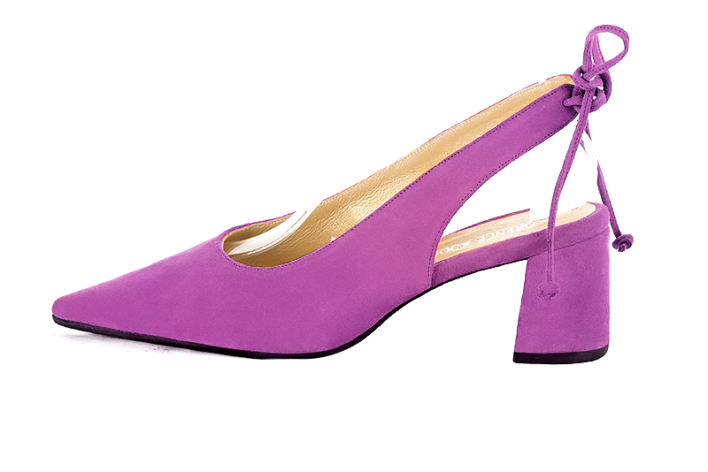 Mauve purple women's slingback shoes. Pointed toe. Medium flare heels. Profile view - Florence KOOIJMAN